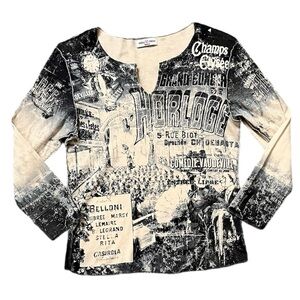 Vintage Y2K Top Long Sleeve Shirt French Paris Sequins Bling S Small M Medium